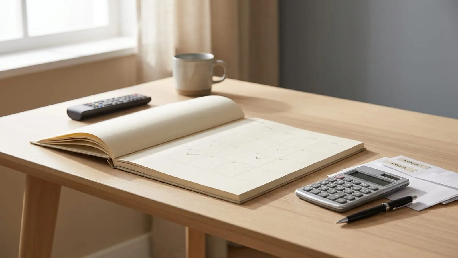 A paper calendar, calculator and TV remote on a desk in morning light