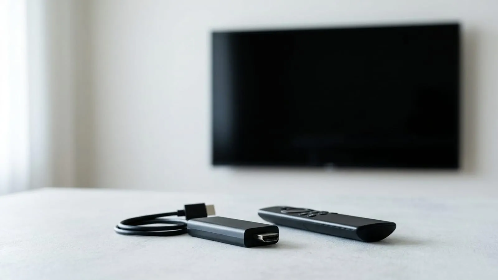 An HDMI streaming stick and remote control on a pale surface below a wall-mounted television