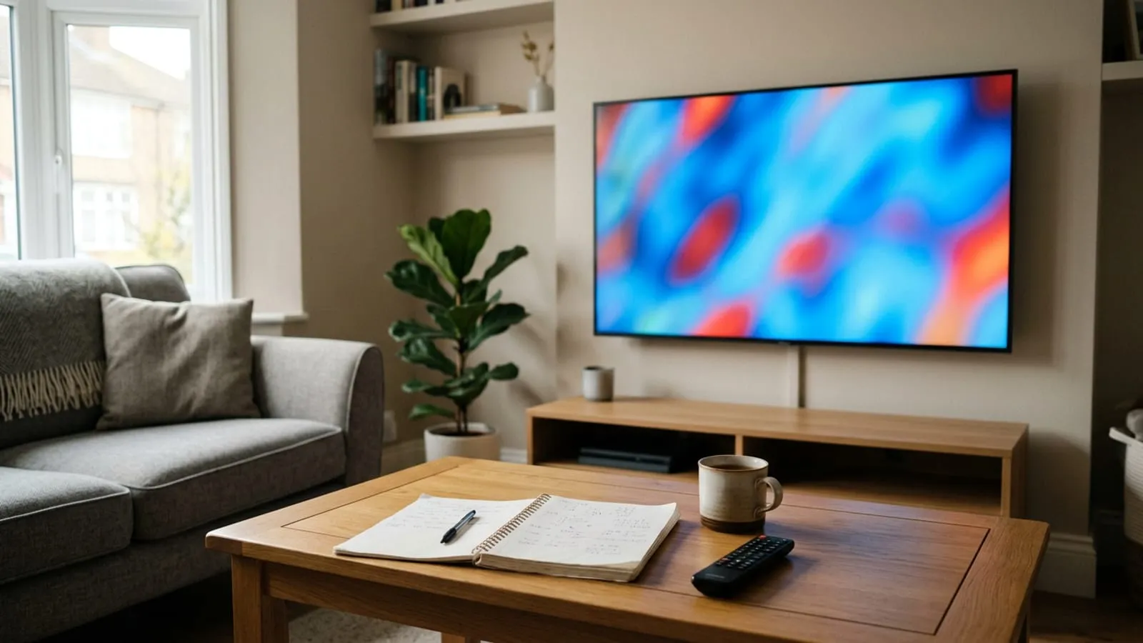 A British living room with a wall-mounted television and a notebook of pricing figures on the coffee table