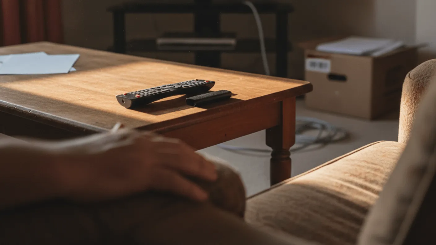 A remote control and a streaming stick on a coffee table in natural light, with a television in the background.