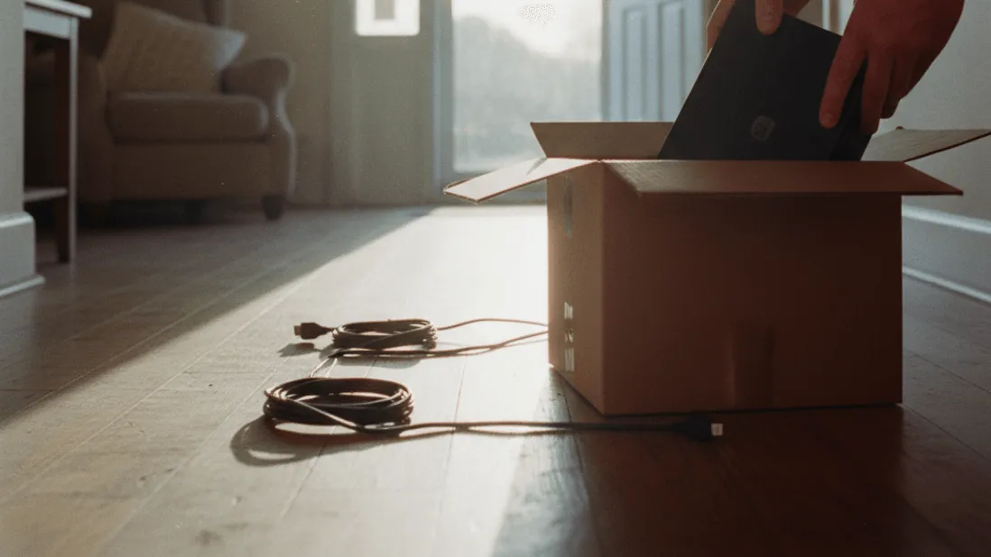 A person's hands holding a black set-top box over an open cardboard box on a wooden floor, with cables nearby.