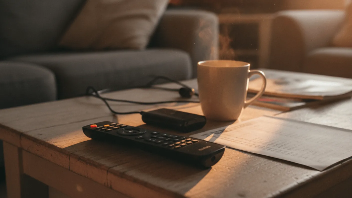 A television remote and a streaming dongle on a wooden coffee table beside a mug of tea.