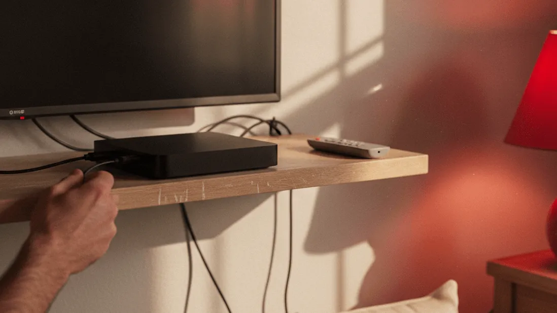 A streaming box sits on a shelf below a television, with a remote and a hand visible in afternoon light.