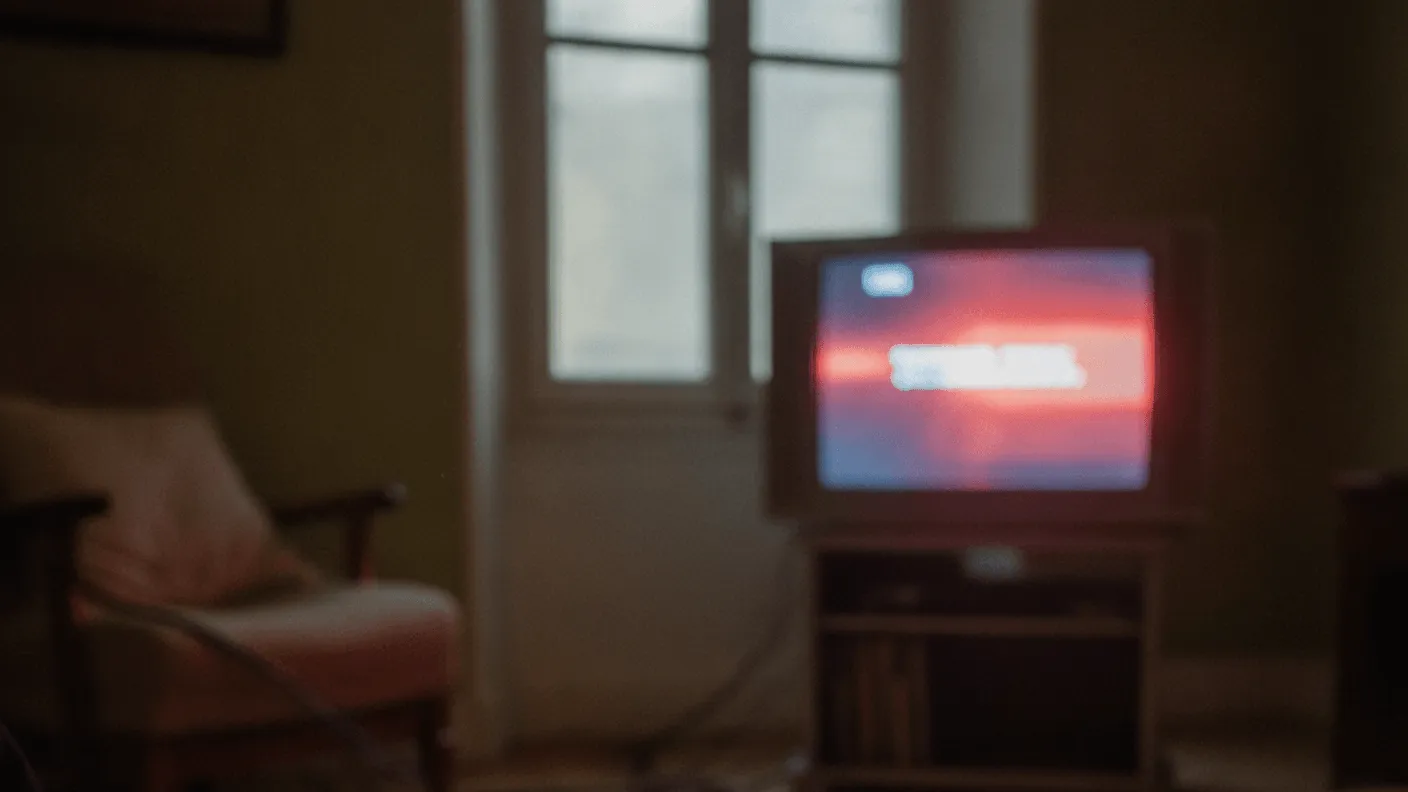 A television remote on a wooden coffee table at dusk, with a folded newspaper beside it.