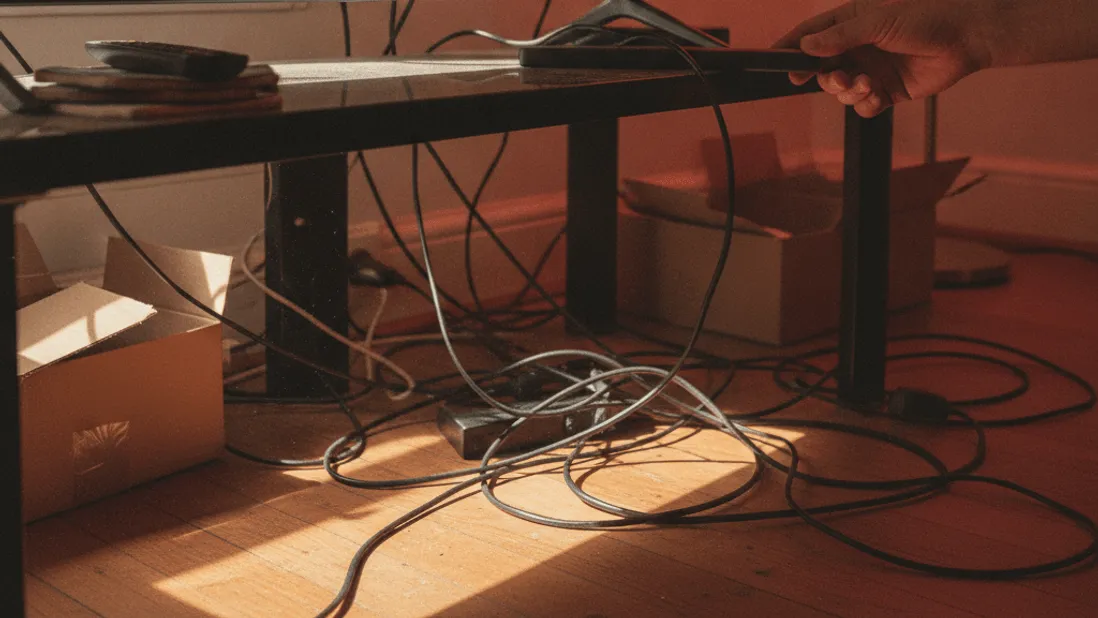 A hand reaches for a television stand with cables, lit by afternoon sun and a red lamp.