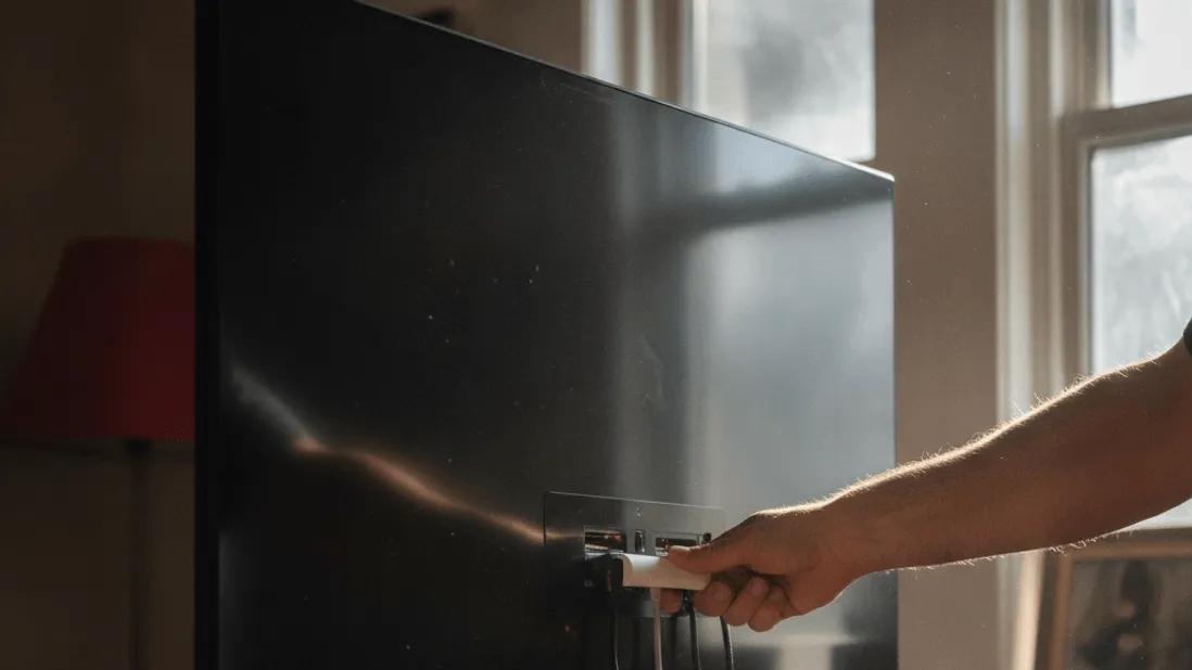 A hand plugs a device into the back of a wall-mounted television in a sunlit room.