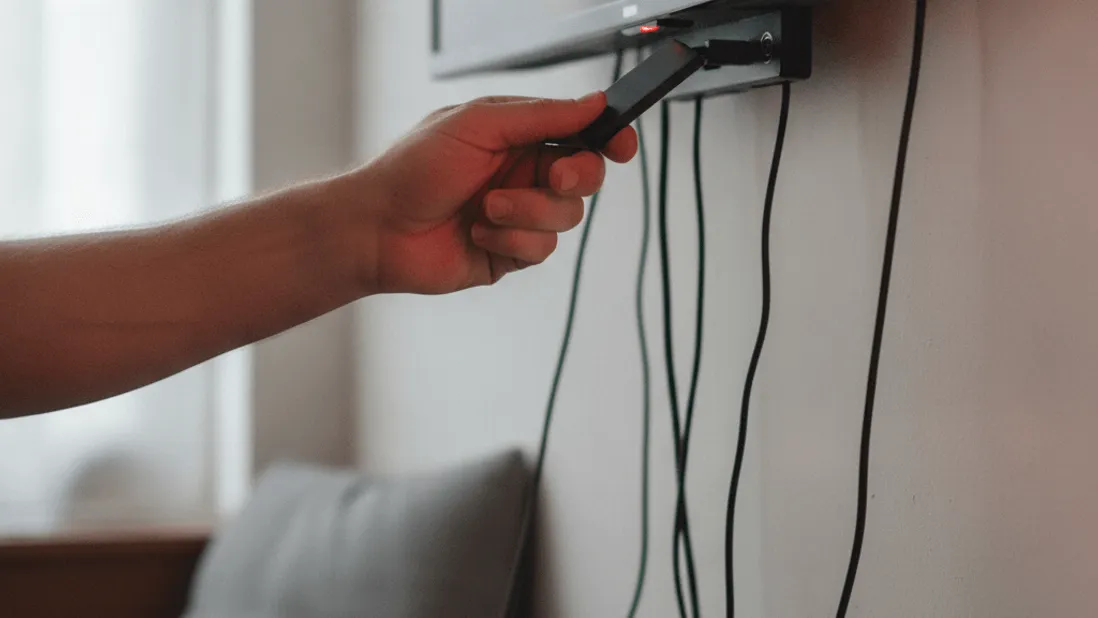 A hand inserts a streaming stick into a television port, with tangled cables below and a red cast of light.