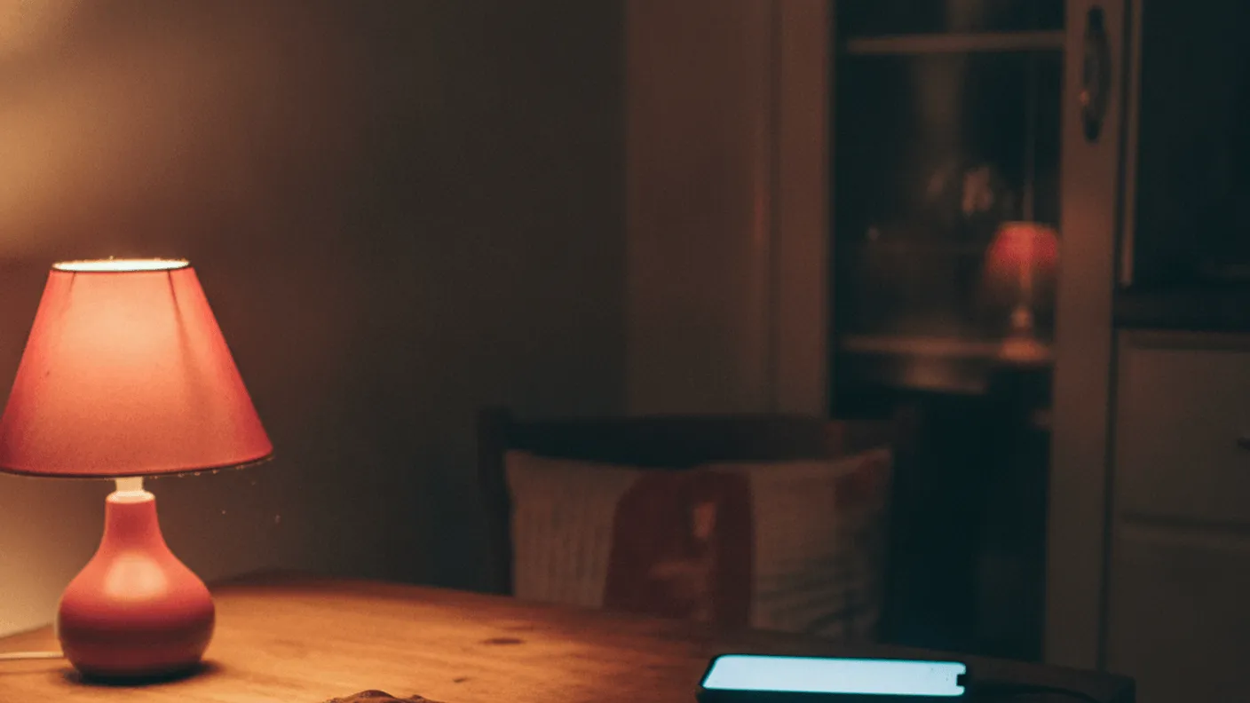 A hand rests beside a utility bill on a wooden table, illuminated by a lamp and a phone screen.