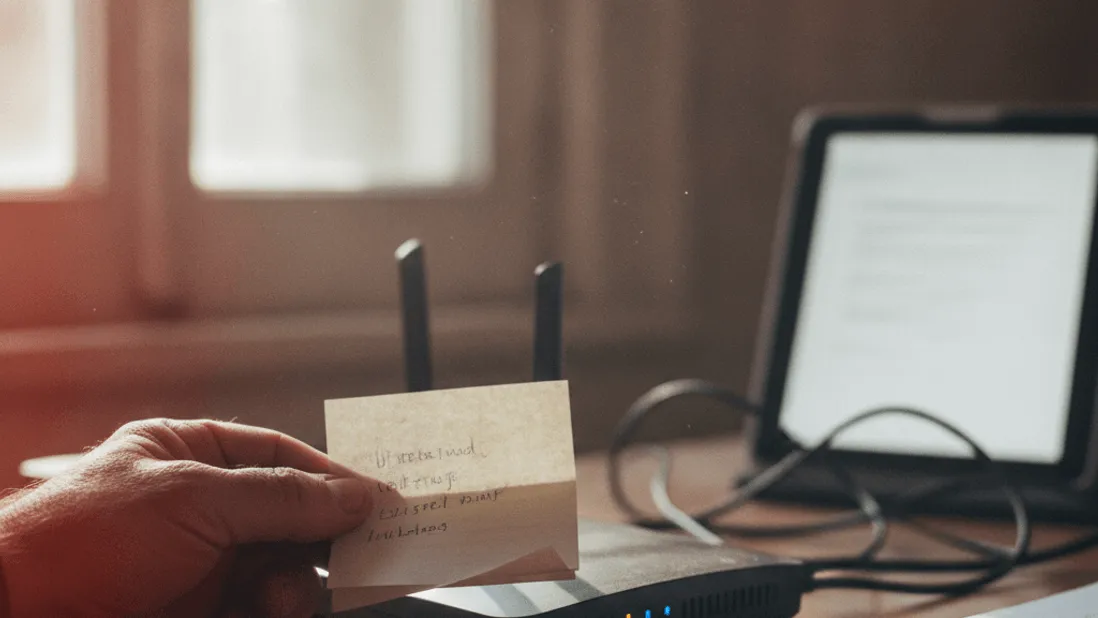 A hand holding a note near a router on a desk, with a tablet and a window in the background.