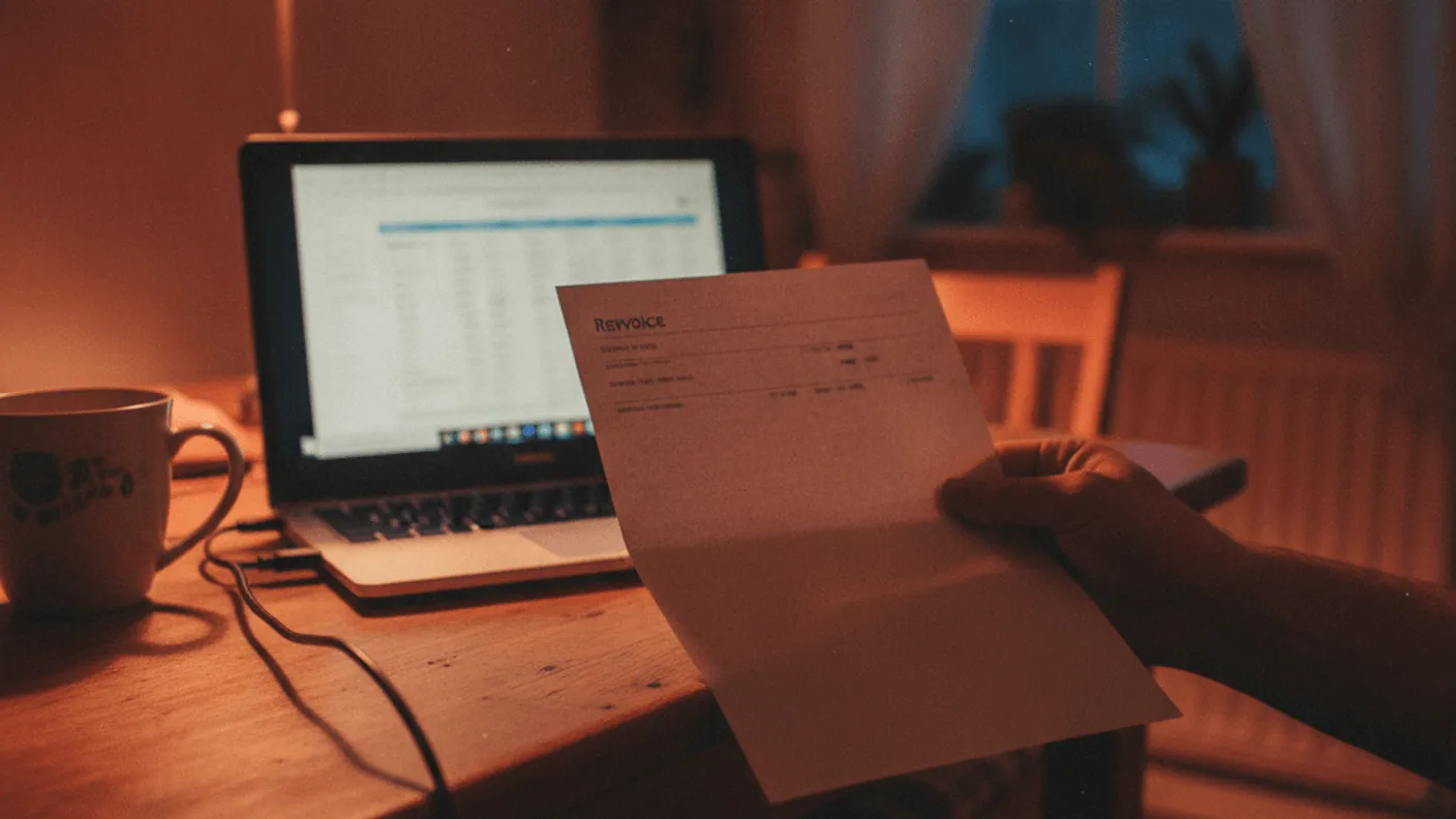 A hand holds a renewal invoice near a laptop with a blurred pricing table on a kitchen table with a mug.