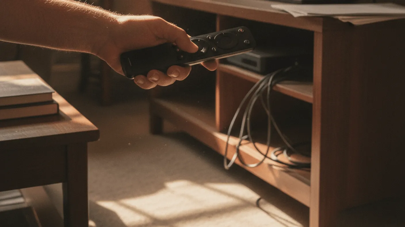 A hand holds a remote pointed at a streaming box and television, with dust visible in a shaft of light.