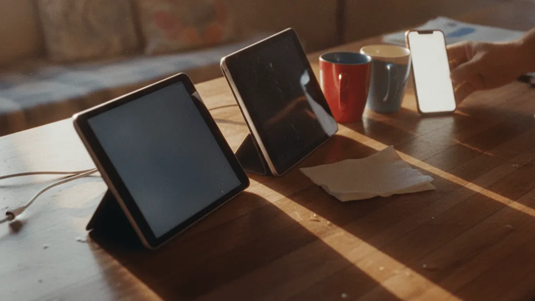 Two tablets and a phone rest on a sunlit wooden counter, with a hand reaching for the phone.