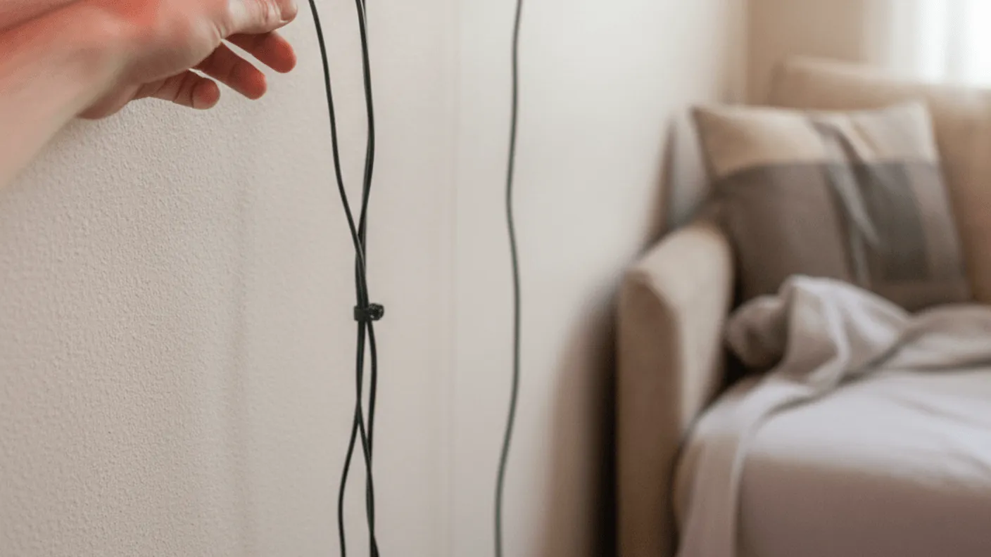 A hand plugs a streaming stick into a television, with a couch and a sunlit window in the background.